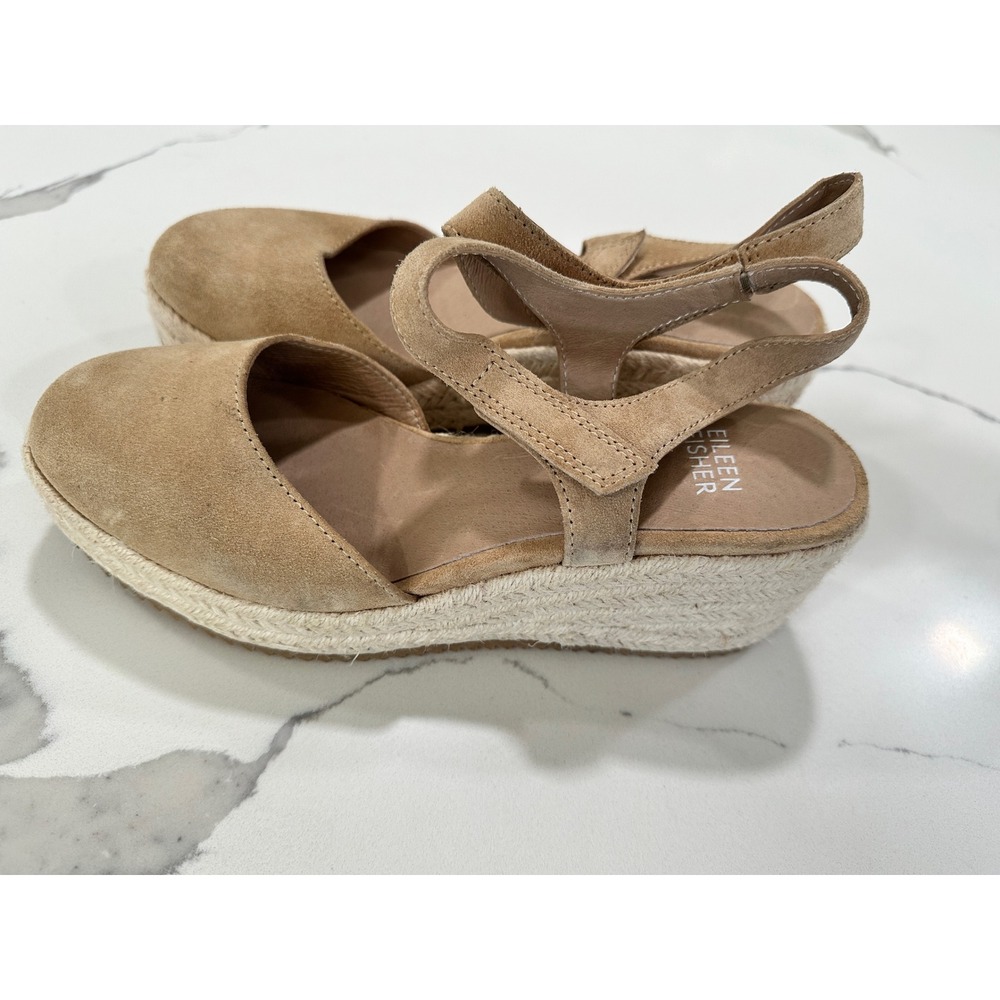Eileen Fisher Tan Suede Espadrille Wedge Sandals Ankle Strap Women 7